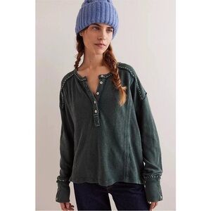 Free People Taylor Henley Dark Green Embroidered Size Extra Small